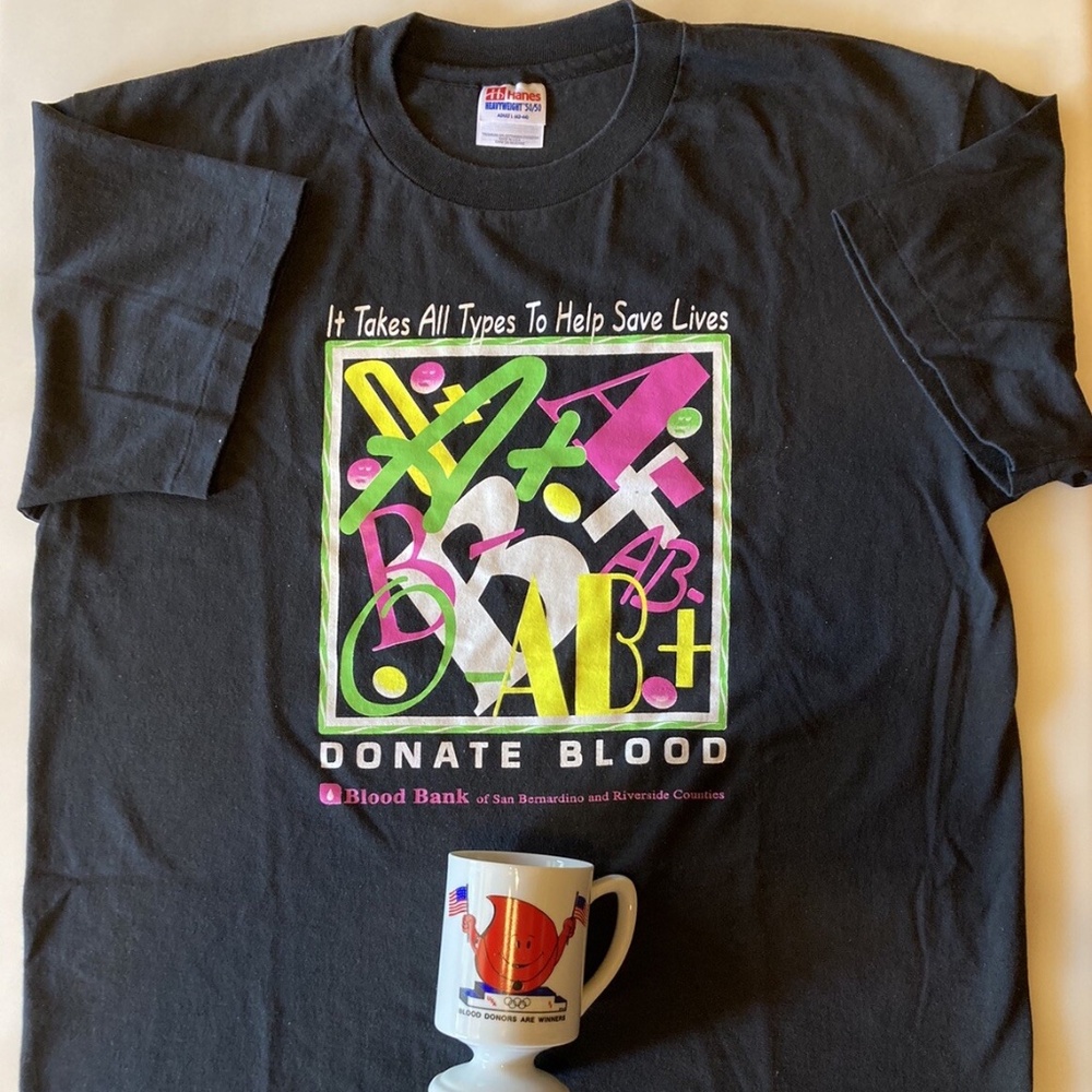Blood Bank DONOR SHIRT LG & MUG USA Olympic Rings TAKES ALL TYPES TO SAVE LIVES